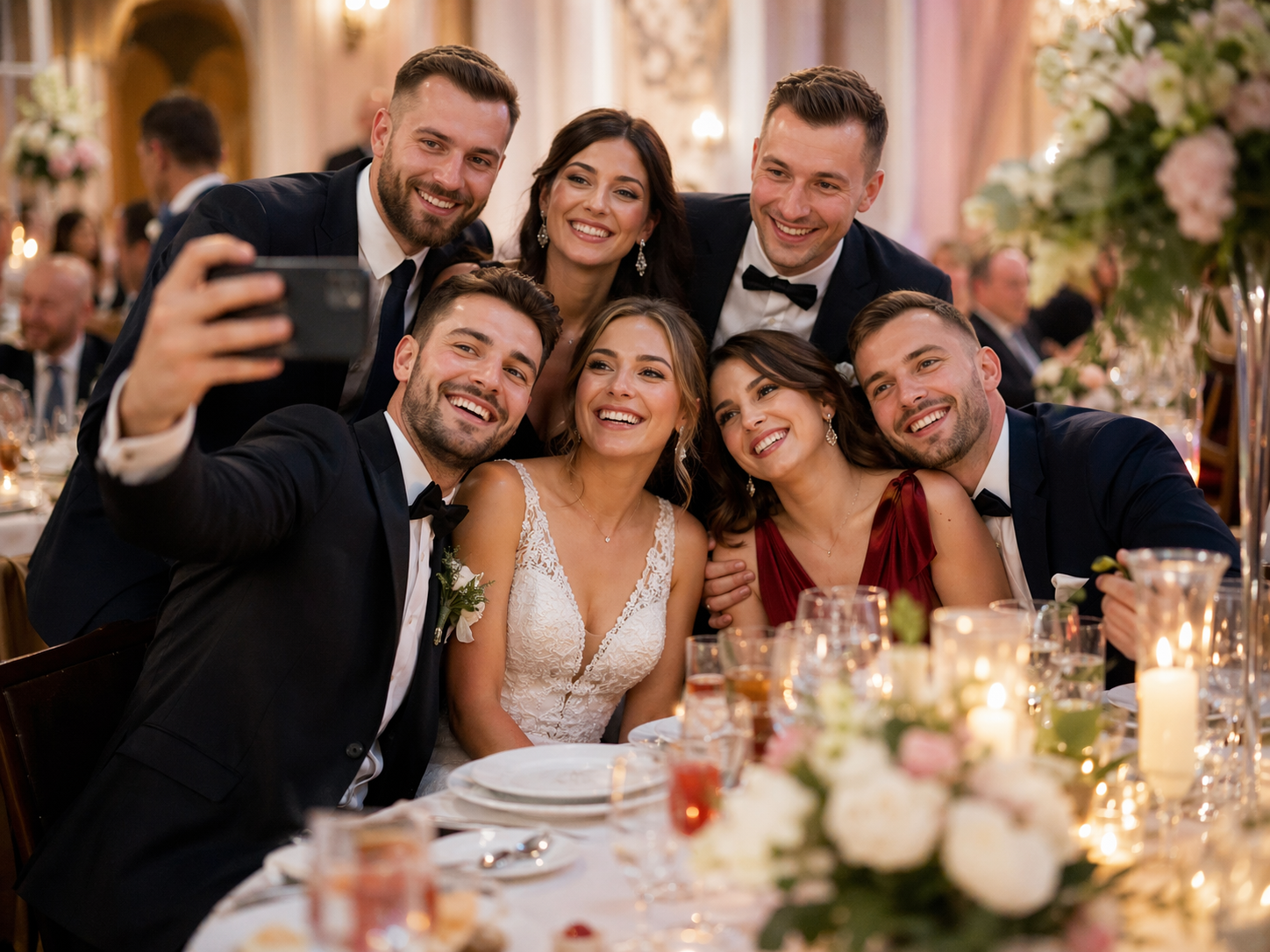 Goście robią selfie przy stole weselnym